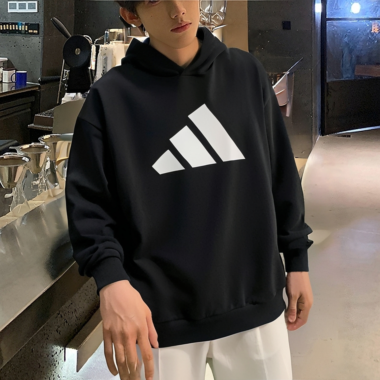 阿迪达斯连帽卫衣男装女装秋季新款黑色宽松套头衫情侣休闲运动服