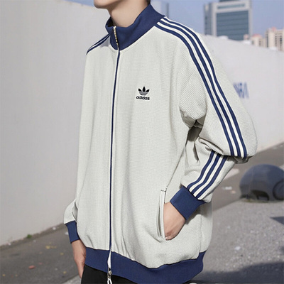 阿迪达斯三叶草立领夹克男2025秋季新款华夫格三条纹运动休闲外套
