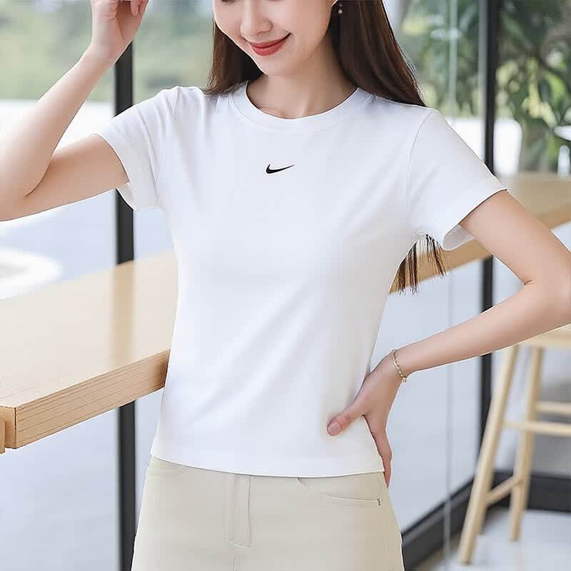 耐克女运动套装夏季跑步训练服透气简约潮流休闲白色修身短袖T恤