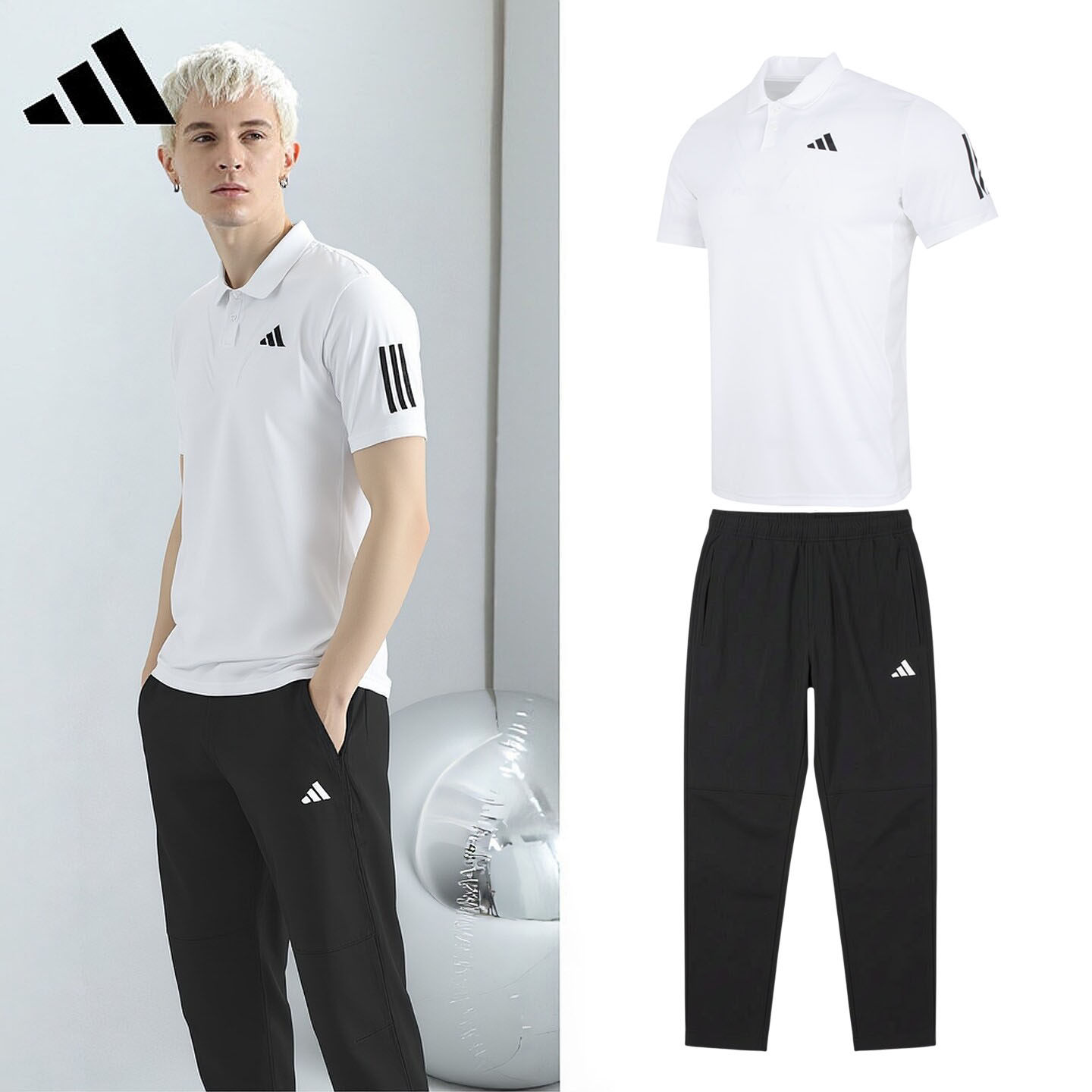 阿迪达斯正品男子套装休闲运动短袖长裤两件套翻领运动商务套装男