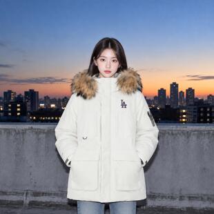 MLB女款中长款派克服鹅绒填充保暖大毛领连帽外套韩版宽松羽绒服