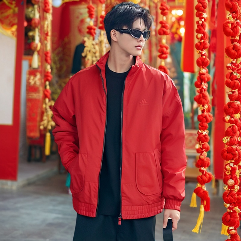 阿迪达斯本命年红色外套男新年款运动服秋冬加绒立领防风休闲夹克