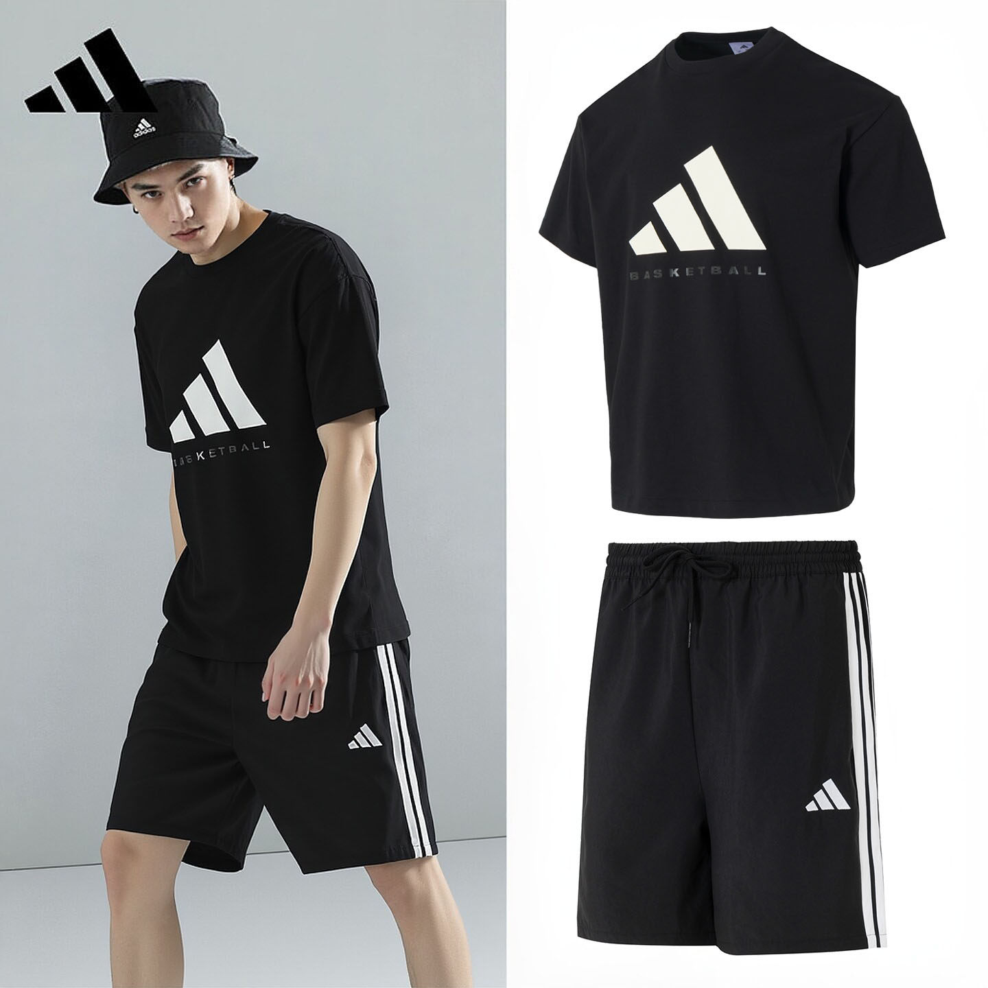 阿迪达斯运动套装男装春夏新款运动服三条纹短袖T恤短裤两件套