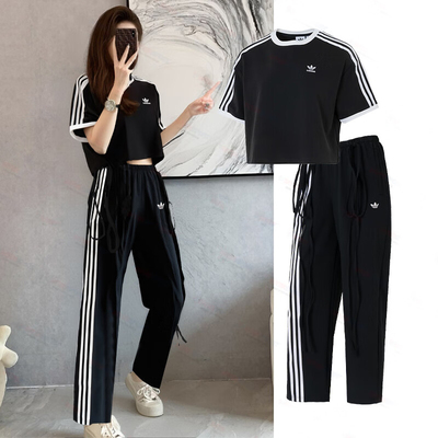 阿迪达斯三叶草套装女2025夏季新款运动服透气短袖T恤直筒长裤子