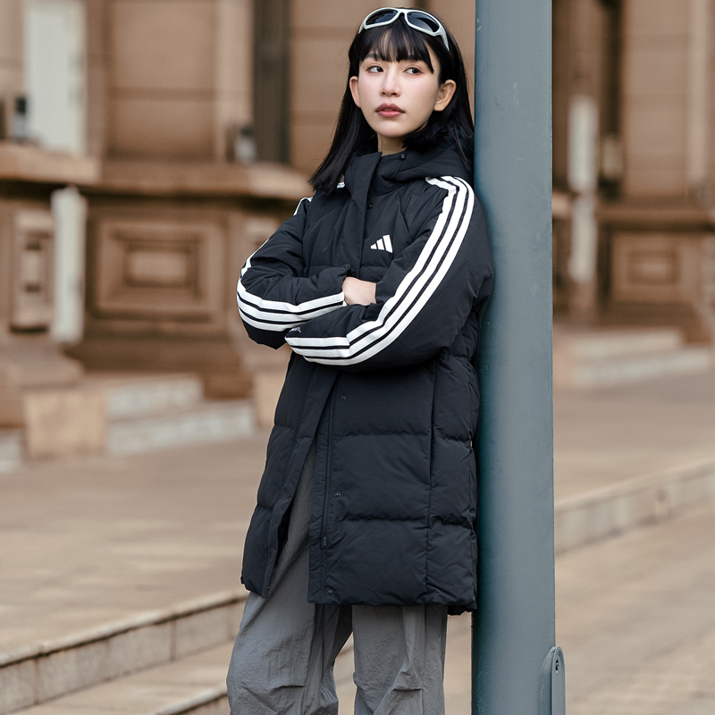 Adidas阿迪达斯女款长款黑色羽绒服25冬新款保暖防风休闲羽绒外套