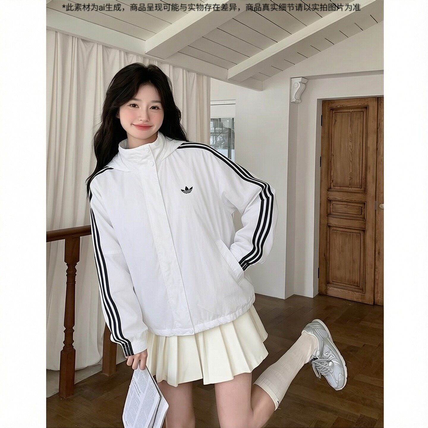 阿迪达斯三条纹官方正品2026新女款上衣网衬连帽休闲运动夹克外套