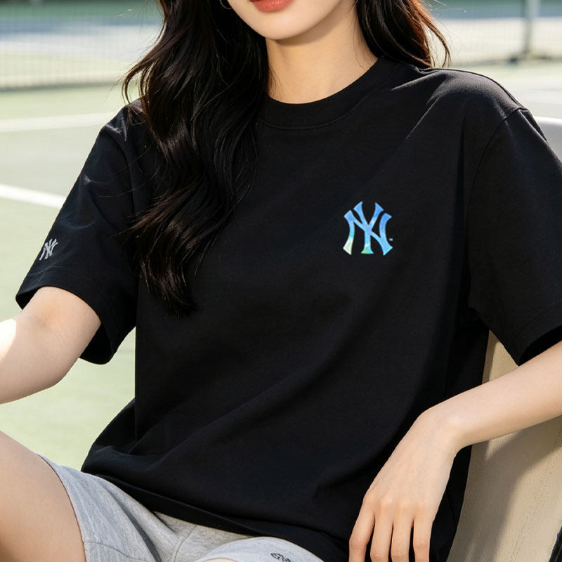 MLB短袖女装夏季新款圆领休闲时尚上衣黑色透气训练健身运动T恤女