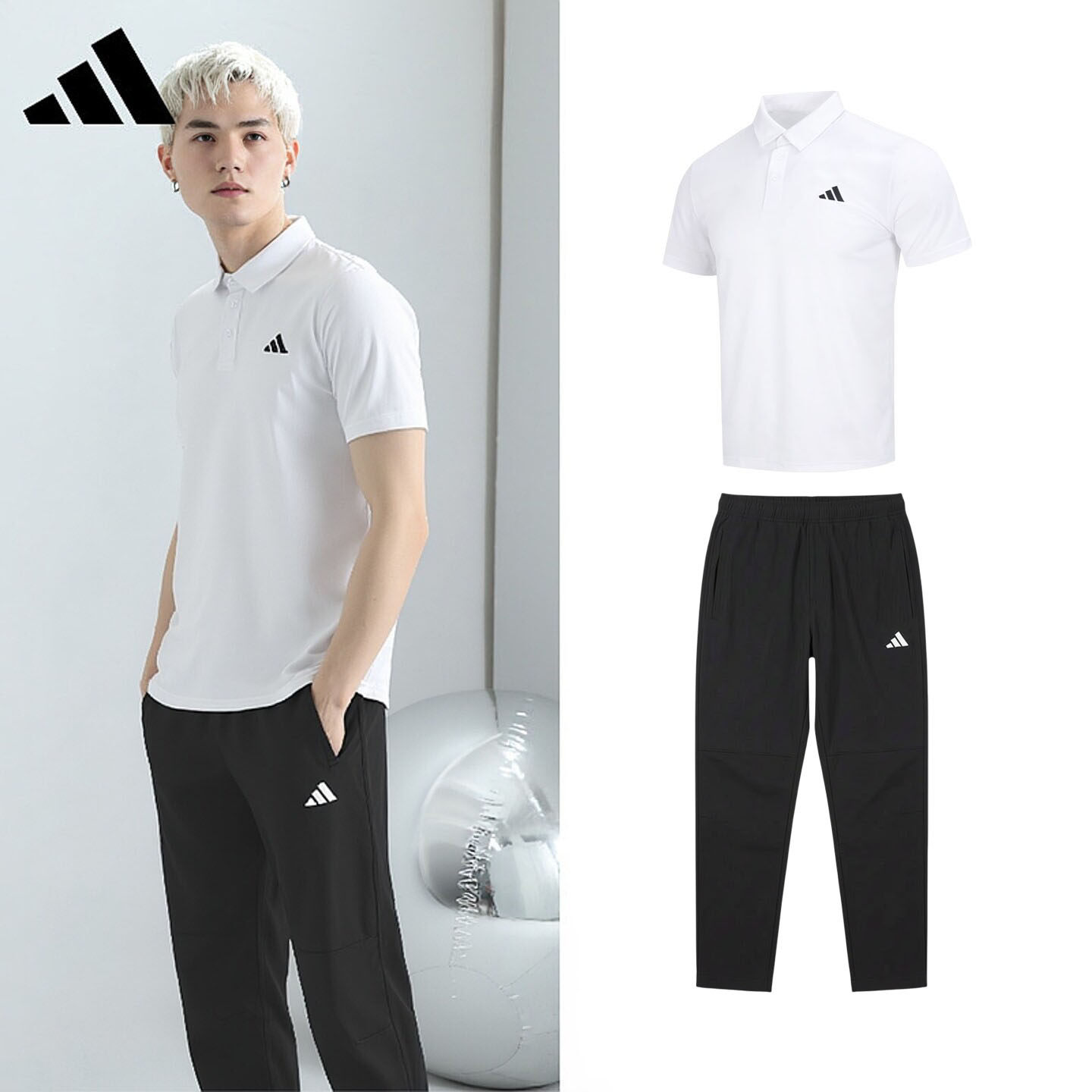 阿迪达斯正品男子套装休闲运动短袖长裤两件套翻领运动商务套装男