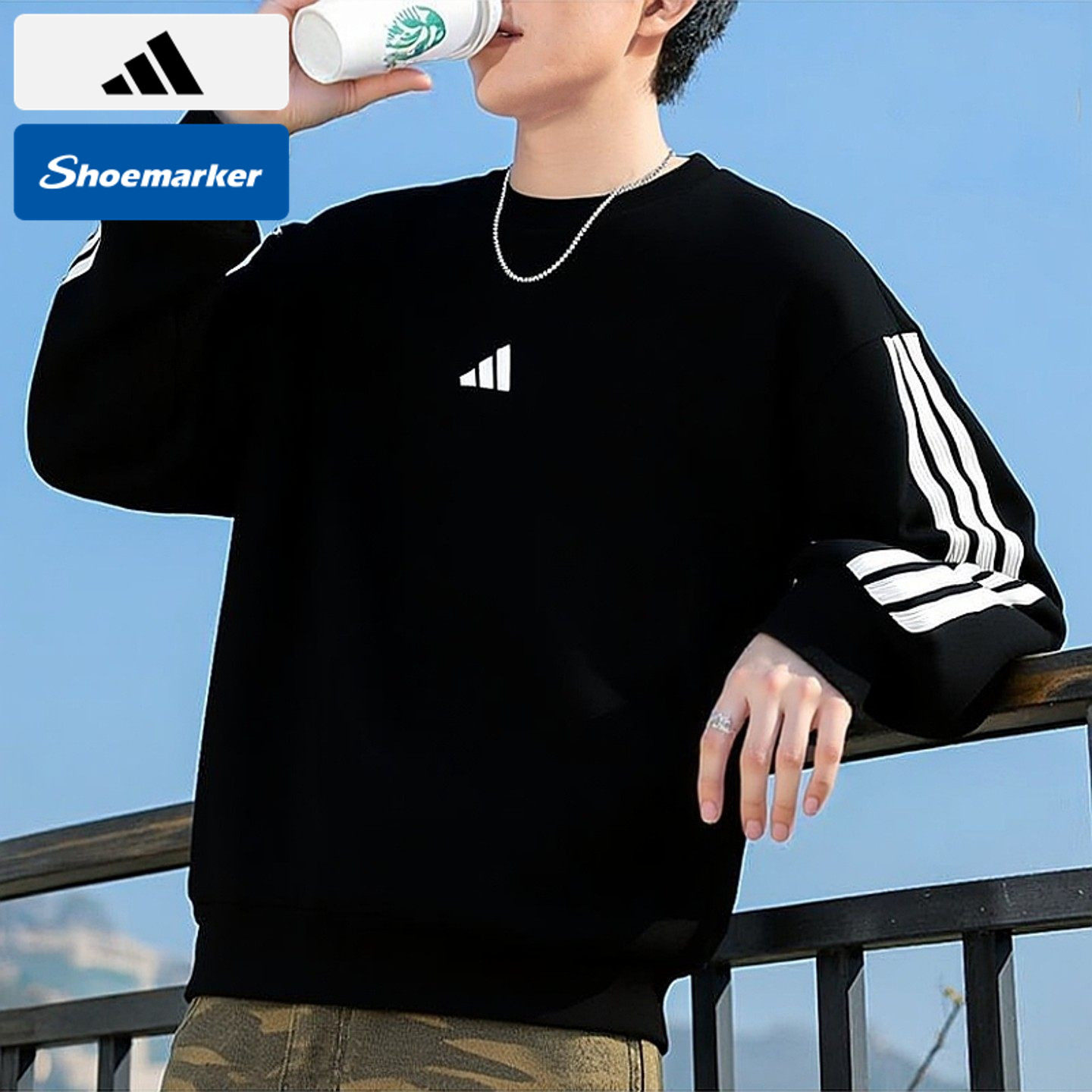 Adidas阿迪达斯男黑色圆领卫衣三条杠长袖运动套头衫宽松休闲上衣