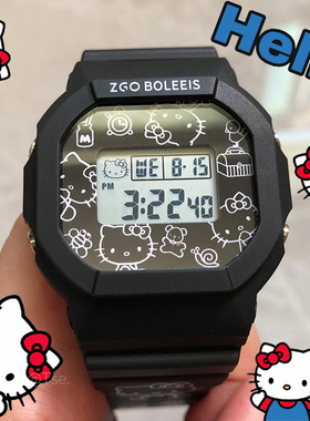 HelloKitty凯蒂猫三丽鸥联名款手表女款初高中学生正港黑色电子表