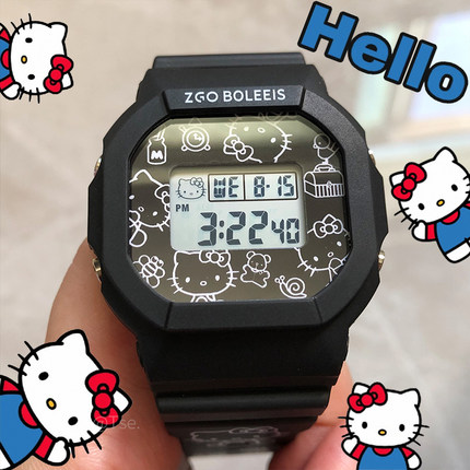 HelloKitty凯蒂猫三丽鸥联名款手表女款初高中学生正港黑色电子表