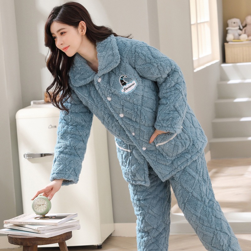冬季加厚珊瑚绒睡衣女套装