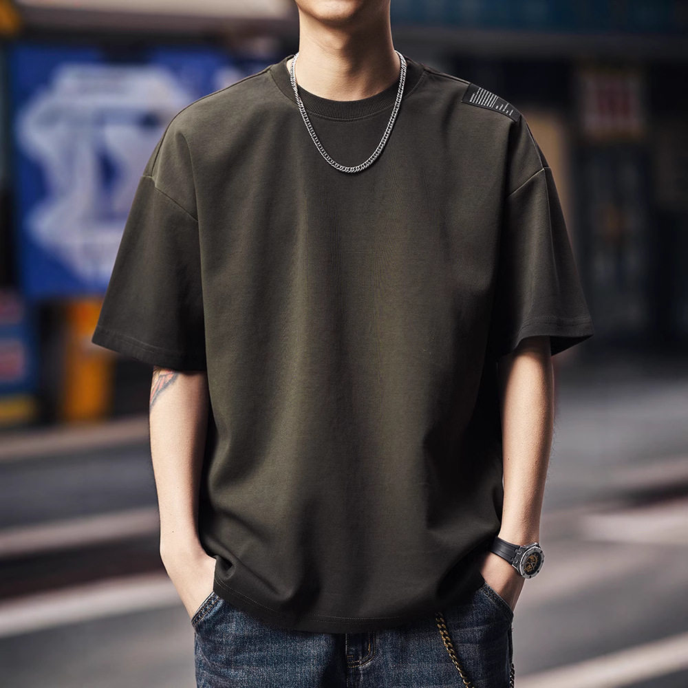 高端潮牌贴标设计短袖t恤男夏季宽松大码圆领半袖水洗体恤