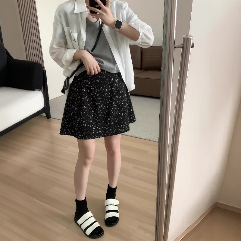 夏季黑色碎花高腰显瘦A字短裙