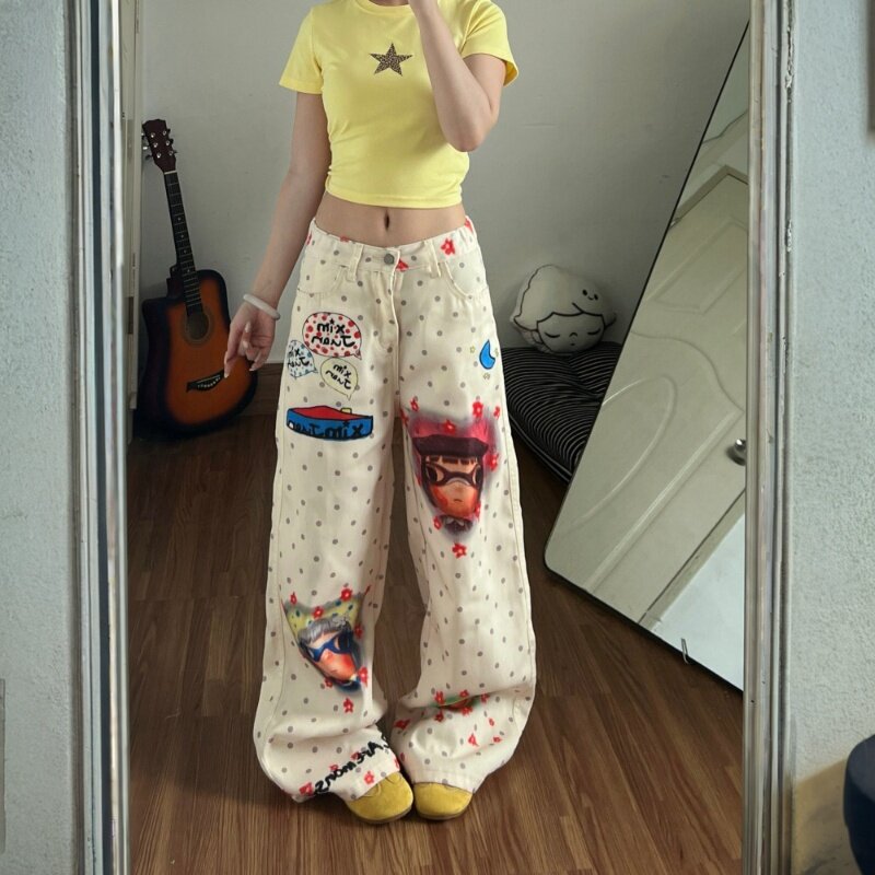 美式复古波点牛仔直筒大码女裤