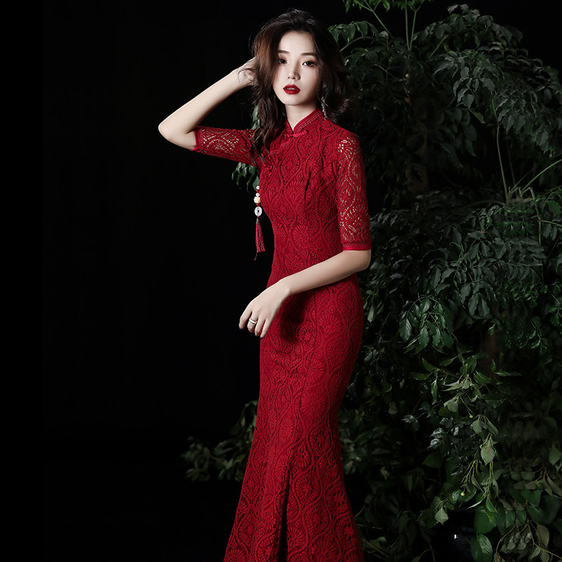 敬酒服新娘酒红色秋季2020新款结婚礼服女长款气质旗袍改良连衣裙