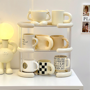 奶油风杯架咖啡杯收纳置物架亚克力水杯盒双层台面茶杯茶具杯子架