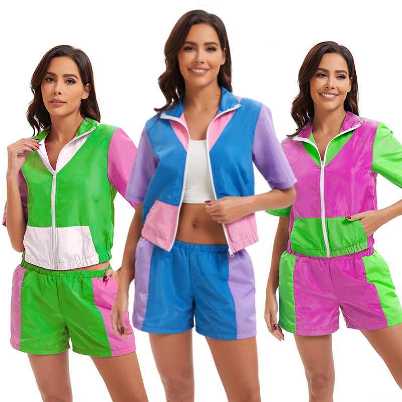 狂欢节迪斯科复古80年代潮流时尚拉链女运动装嘻哈舞台演出服套装