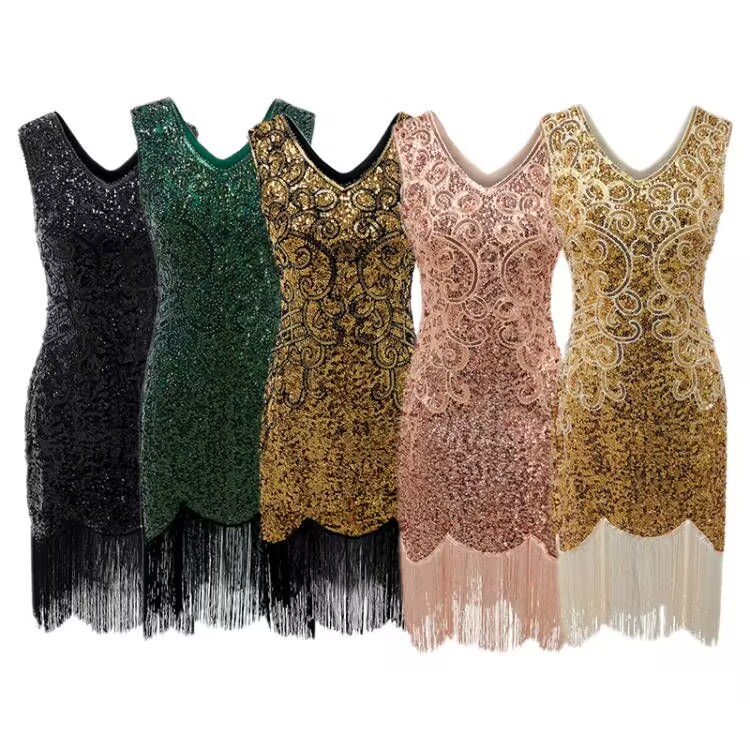 1920S复古盖茨比亮片裙晚会礼服流苏舞裙双V领连衣裙舞台表演服装