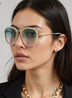 欧美新款镶钻珍珠太阳镜街拍派对眼镜网红ins款防晒户外男女墨镜