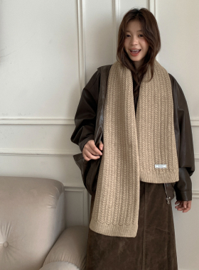气质虾色～韩国eret镂空麻花针织纯色百搭围巾女冬季保暖情侣围脖