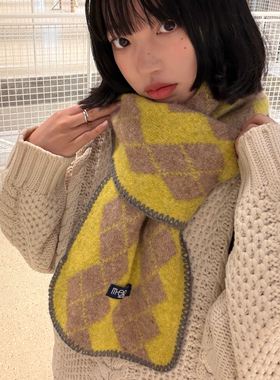 博主同款～韩国m•eret菱形格锁边围巾女冬保暖百搭氛围感围脖潮