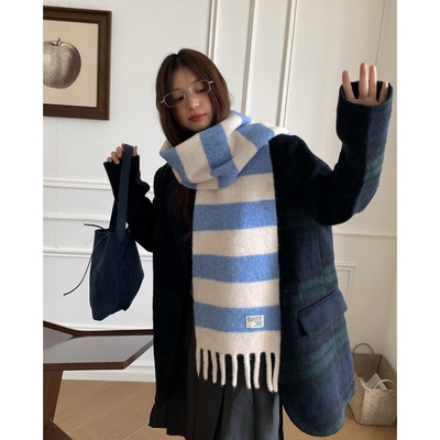 Carrier 双色横条纹～韩版流苏拼色围巾男女冬季加厚保暖软糯围脖