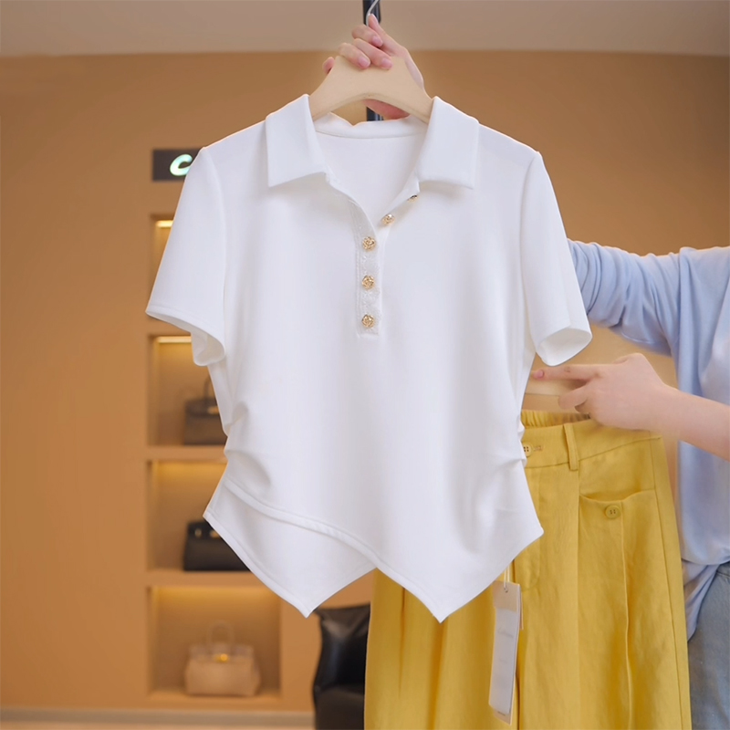 Polo领白色天丝短袖t恤女2025夏