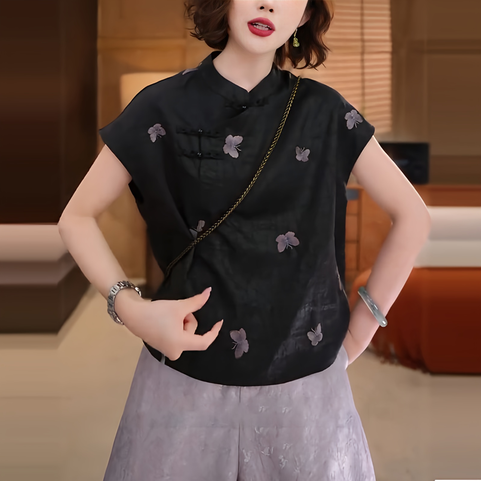 新中式国风斜襟短袖衬衫女夏季