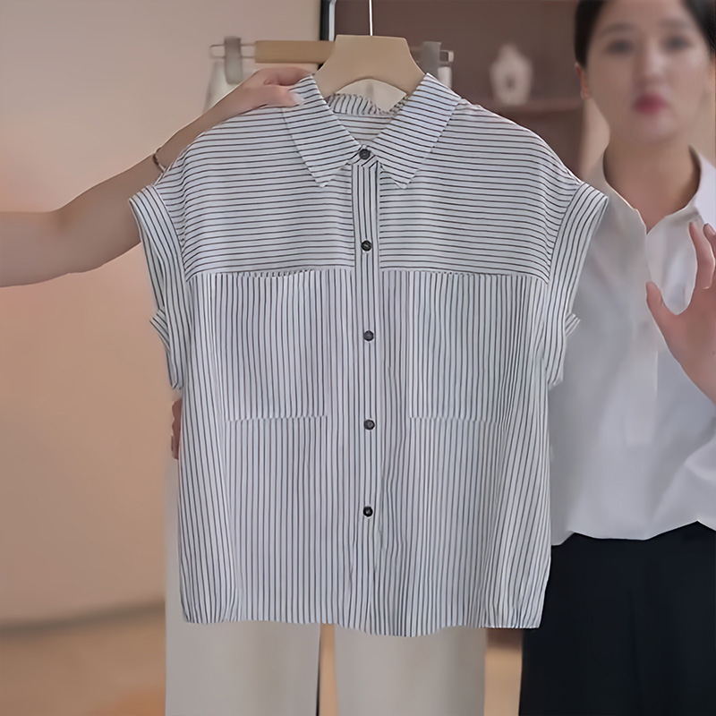 高级感短袖条纹衬衫女2025夏季新款时尚洋气小衫小众独特别致上衣