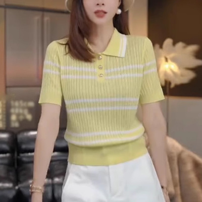 polo领黄色条纹短袖t恤女2025夏