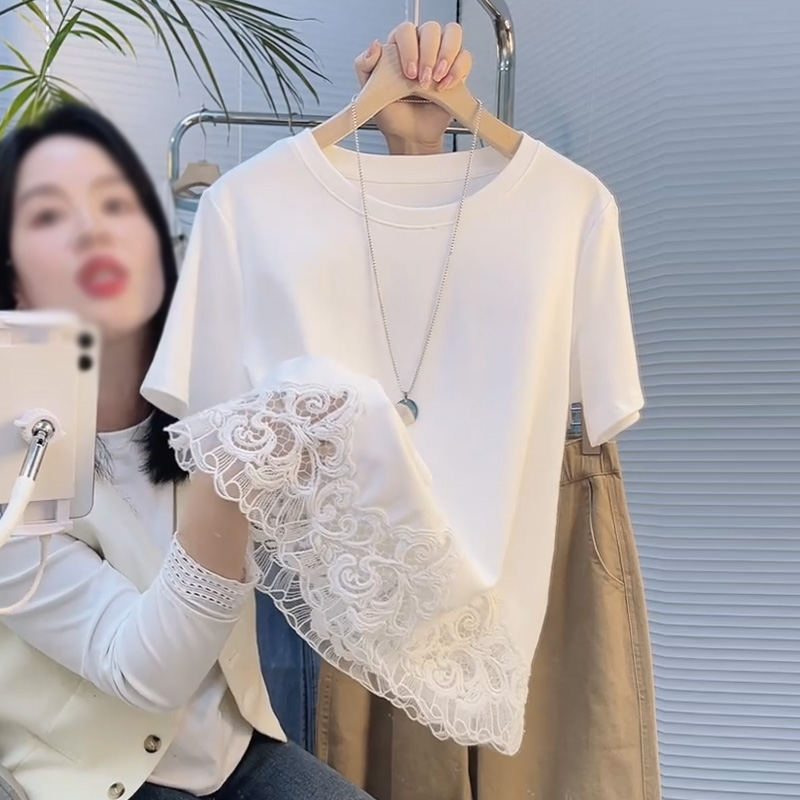 蕾丝拼接白色短袖t恤女2025夏季