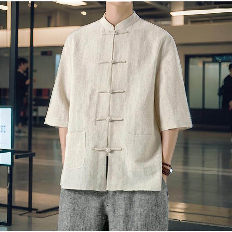 男士亚麻短袖衬衫夏季宽松
