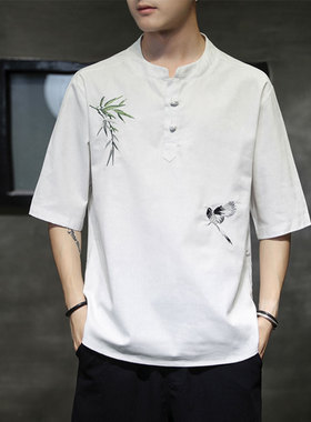 冰丝t恤男短袖夏季复古潮流盘扣上衣中国风刺绣体恤棉麻汉服唐装