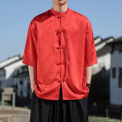 新中式男装中国风红色唐装男款夏季短袖衬衫外套2024新款汉服衬衣