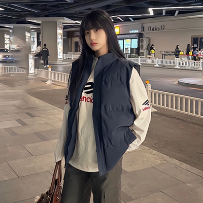 藏青色美式背心羽绒马甲男款冬季轻薄高级感cleanfit坎肩棉服外套