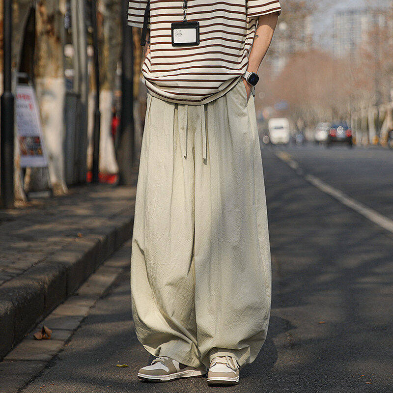杏色弯刀亚麻裤男夏季薄款宽松直筒慵懒风休闲裤潮牌阔腿棉麻裤子