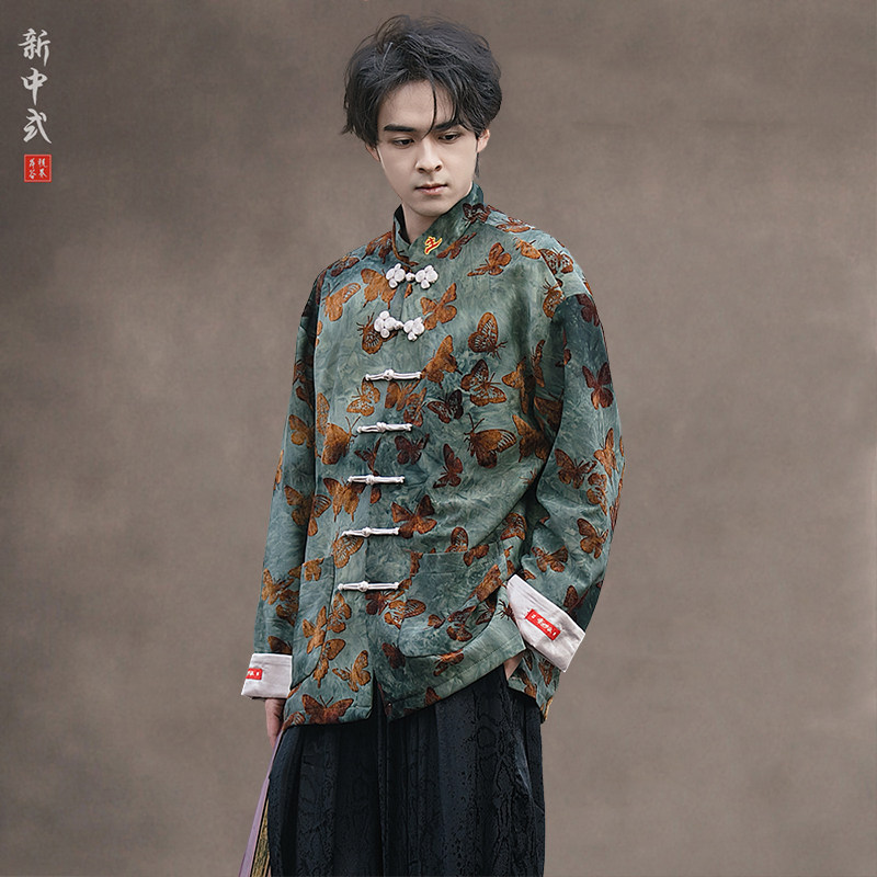 新中式复古休闲手工蝴蝶扣唐装外套国潮宽松大码中山装男国风夹克,男装,牛仔衬衫,淘宝优惠券,粉丝福利购,淘宝优惠卷