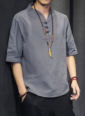 亚麻t恤男士夏季新中式男装中国风棉麻短袖潮牌大码半袖唐装上衣