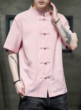 新中式盘扣唐装男夏季中国风蓝色粉色竖条纹短袖衬衫复古男装衬衣