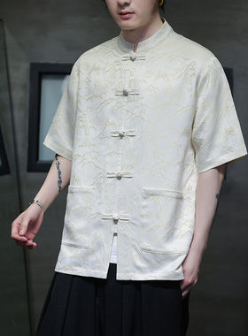 夏季大码五分袖盘扣短袖衬衫男中国风冰丝唐装新中式提花衬衣男装