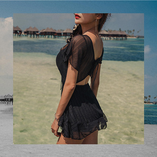 连体泳衣女 保守平角遮肚钢托聚拢性感裙式 新款 泳装