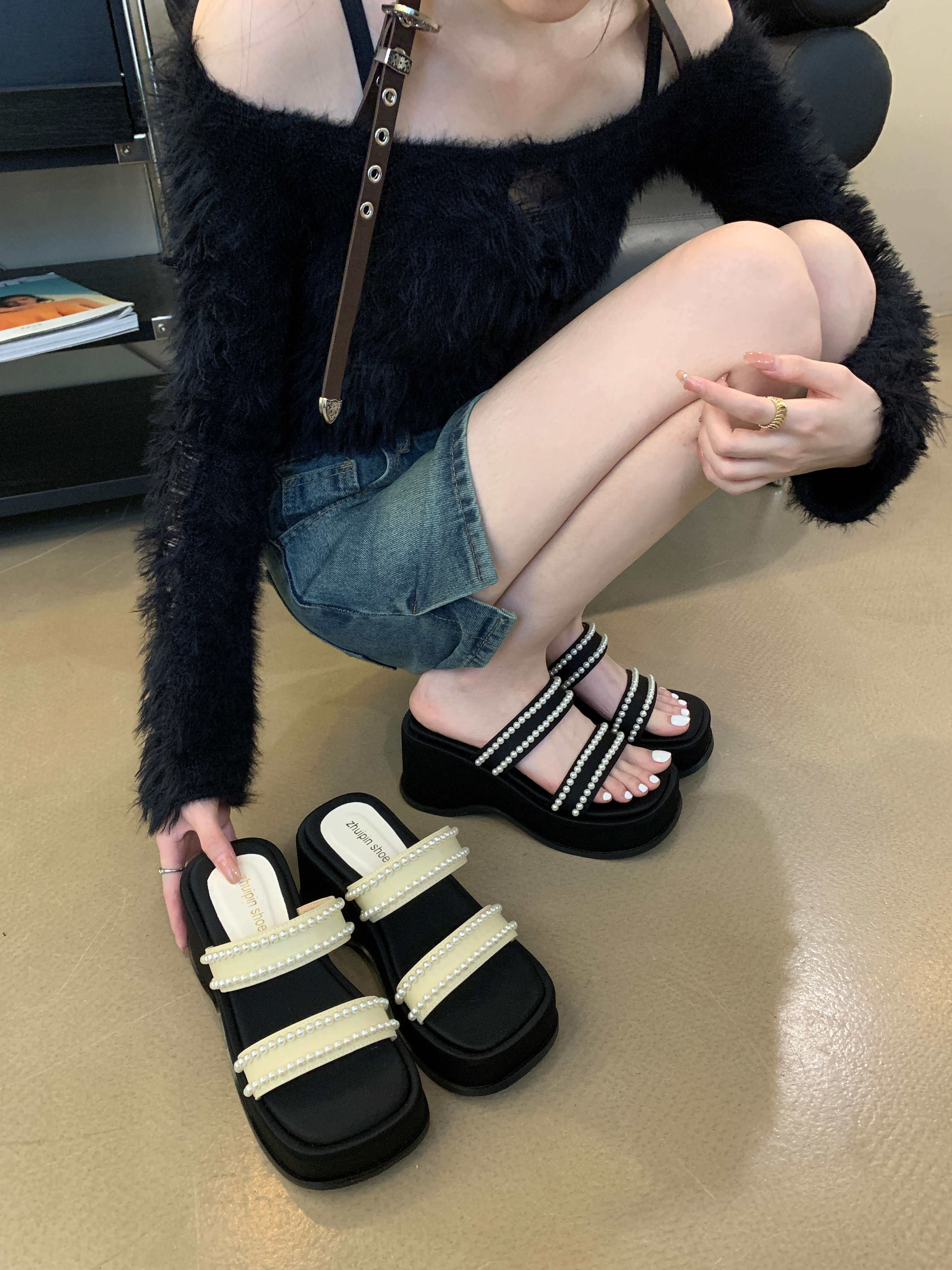 法式晚风增高厚底凉鞋女2024年新款夏季韩版仙女气质一字带松糕鞋