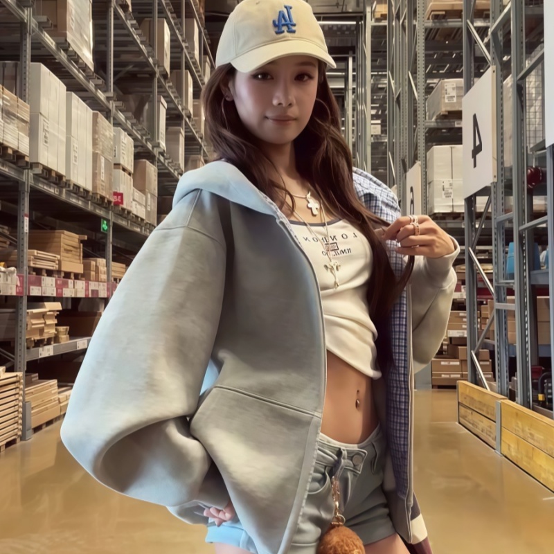 美式复古撞色格子拼接连帽卫衣秋冬开衫外套百搭宽松学院拉链上衣