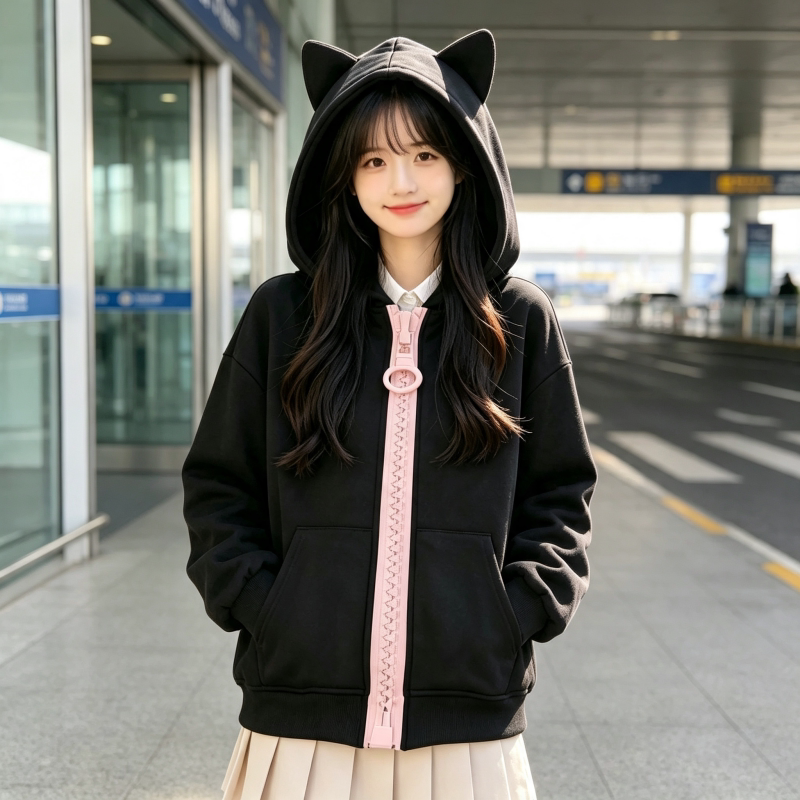 百搭千禧大拉链猫耳连帽卫衣韩版 2026 秋季女生简约休闲宽松外套