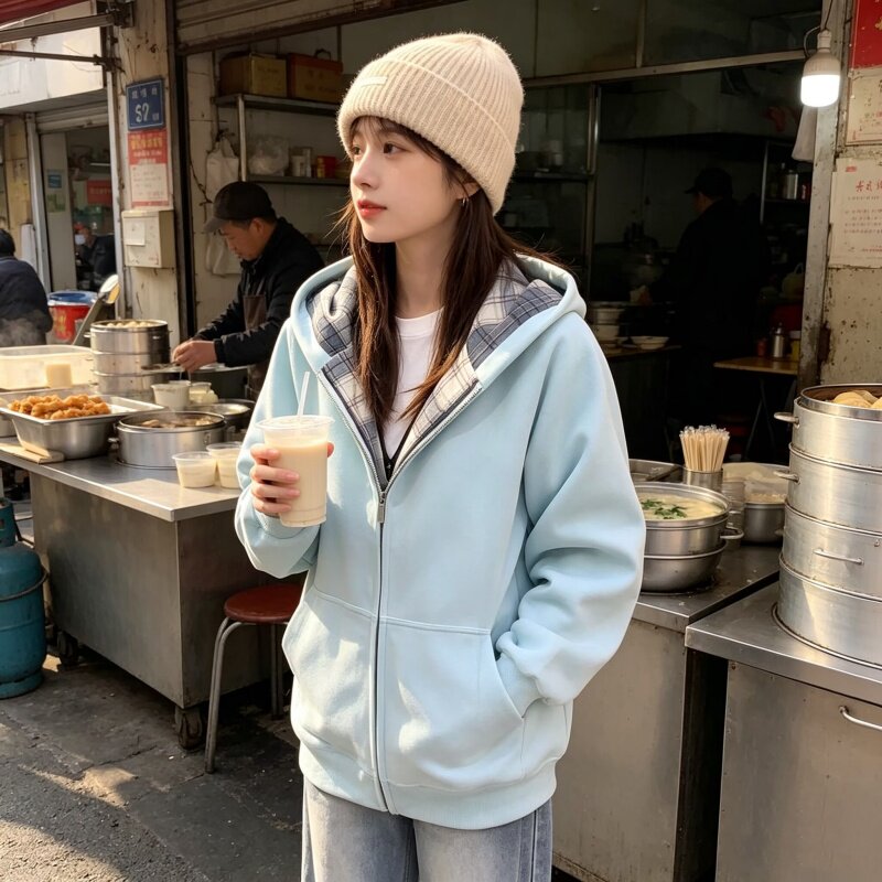 蓝色美式新款开衫格子卫衣连帽秋冬宽松慵懒拼接情侣外套上衣潮牌
