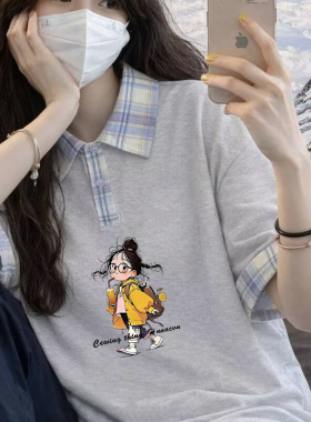 韩系风格宽松 Polo 衫女装有领格子印花复古日常耐看简约上衣潮牌