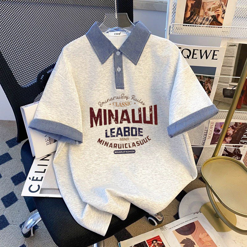 半袖修身学院polo新款格子短袖上衣拼接夏季印花显瘦宽松chic女款