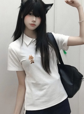 学院风白色短袖T恤女大童夏季2025初中高中学生宽松版型POLO上衣
