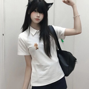 学院风白色短袖T恤女款ins夏季2026初中高中学生宽松版型POLO上衣